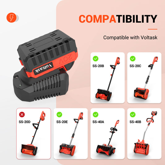 VOLTASK 20V 4.0-Ah Lithium-ion Battery + 2.2A Rapid Charger for Voltask Cordless Snow Shovel SS-20B, SS-20C, SS-20E, SS-40A, SS-40B