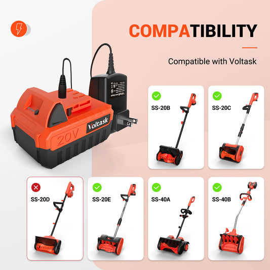 VOLTASK 20V 4.0-Ah Lithium-ion Battery + 1.5A Standard Charger for Voltask Cordless Snow Shovel SS-20B, SS-20C, SS-20E, SS-40A, SS-40B