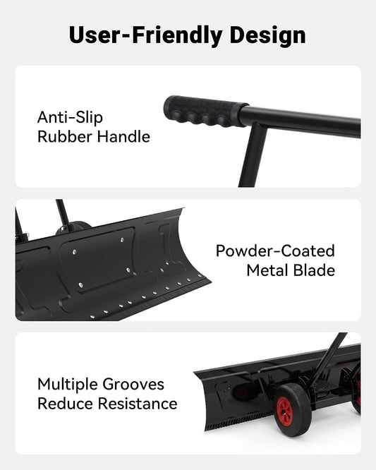 VOLTASK 36 Inch Snow Shovel with Inflatable Wheels, Heavy-Duty 2-Wheel Snow Pusher Hand Plow for Snow Removal for Driveway, Height Adjustable Handle & 7-Position Blade Angle