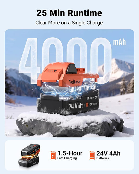 VOLTASK 24V Cordless Snow Shovel, 13.2 Inch Electric Snow Blower, 23 Ft Snow Thrower, 4Ah Battery Snow Shovel with Directional Plate & Adjustable Handle (Battery & Quick Charger Included), Orange